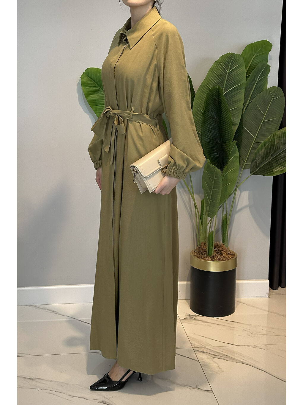 Düğmeli Modal Elbise 13249 Yeşil-2