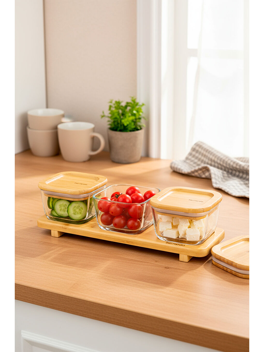 Kahverengi Lunaya 3'lü Bambu Standlı Kahvaltılık Küçük-4