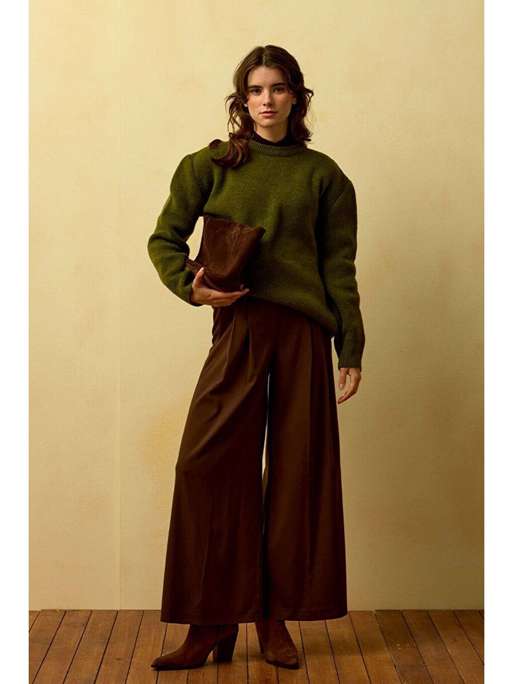 Kahverengi Acı Kahve Pile Detay Palazzo Pantolon