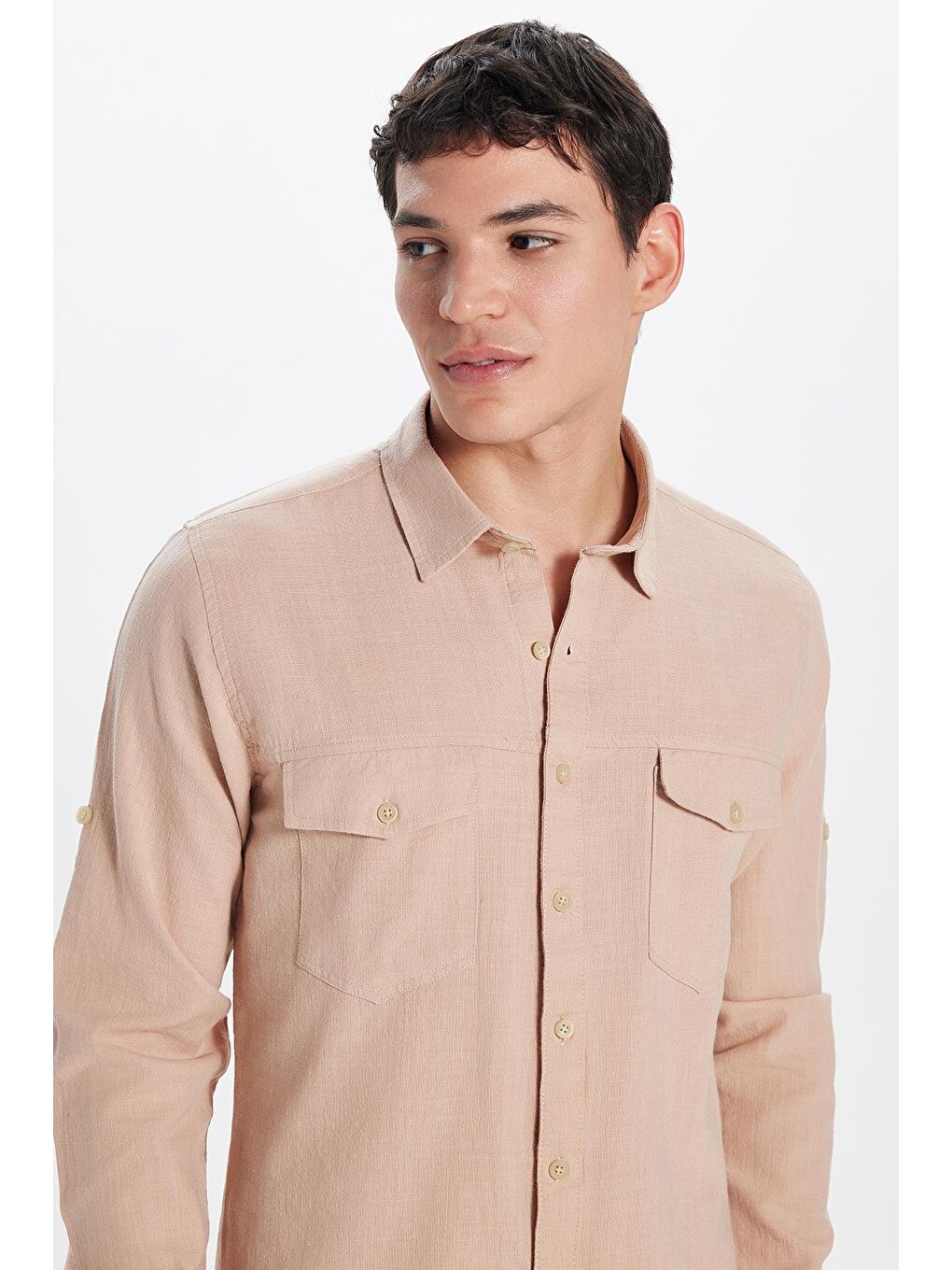 TUDORS Erkek Slim Fit Dar Kesim %100 Pamuk Keten Doku Çift Cep Spor Yaka Somon Gömlek-1