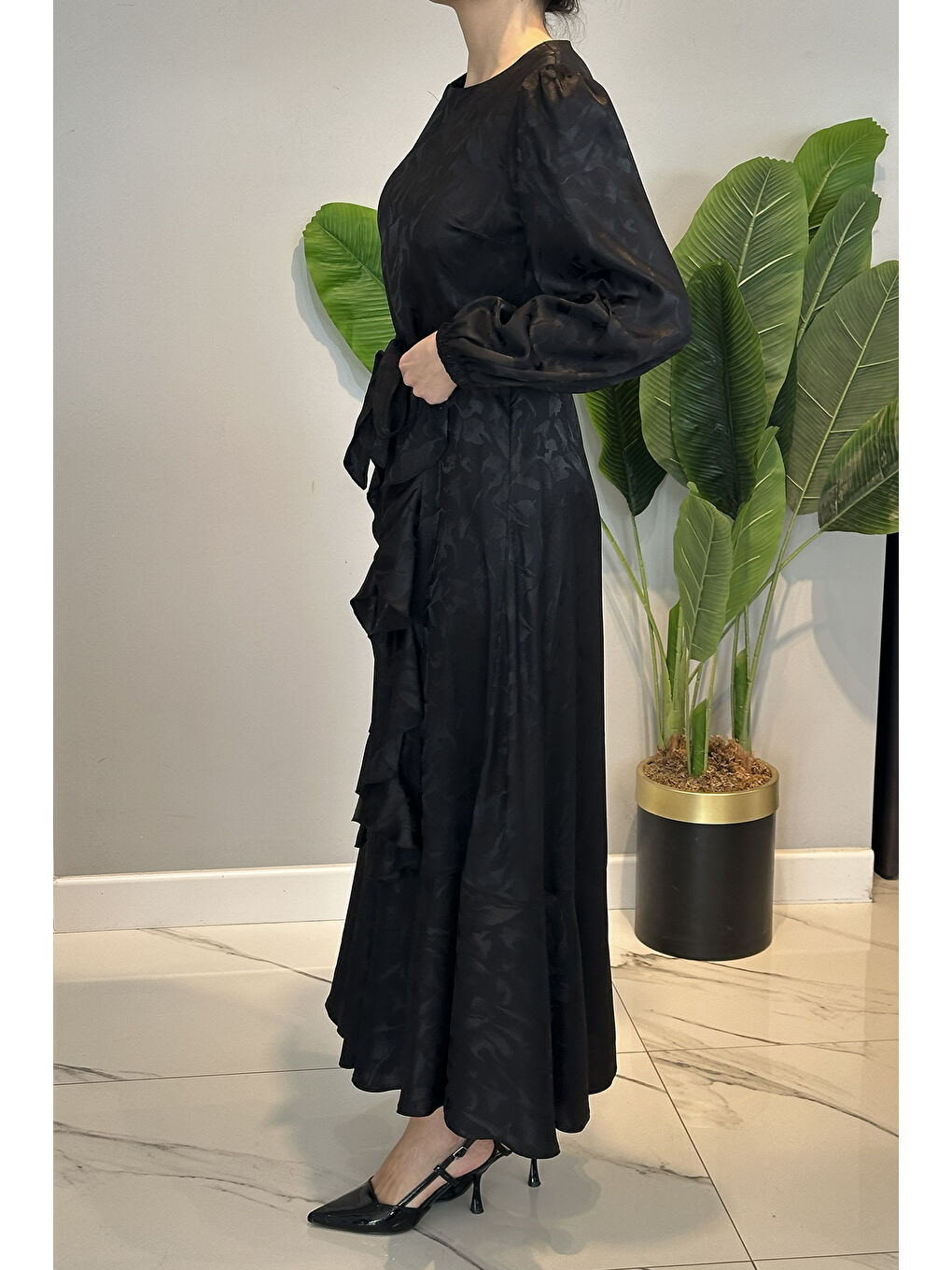 Desenli Jakar Detay Saten Elbise 13255 Siyah-2