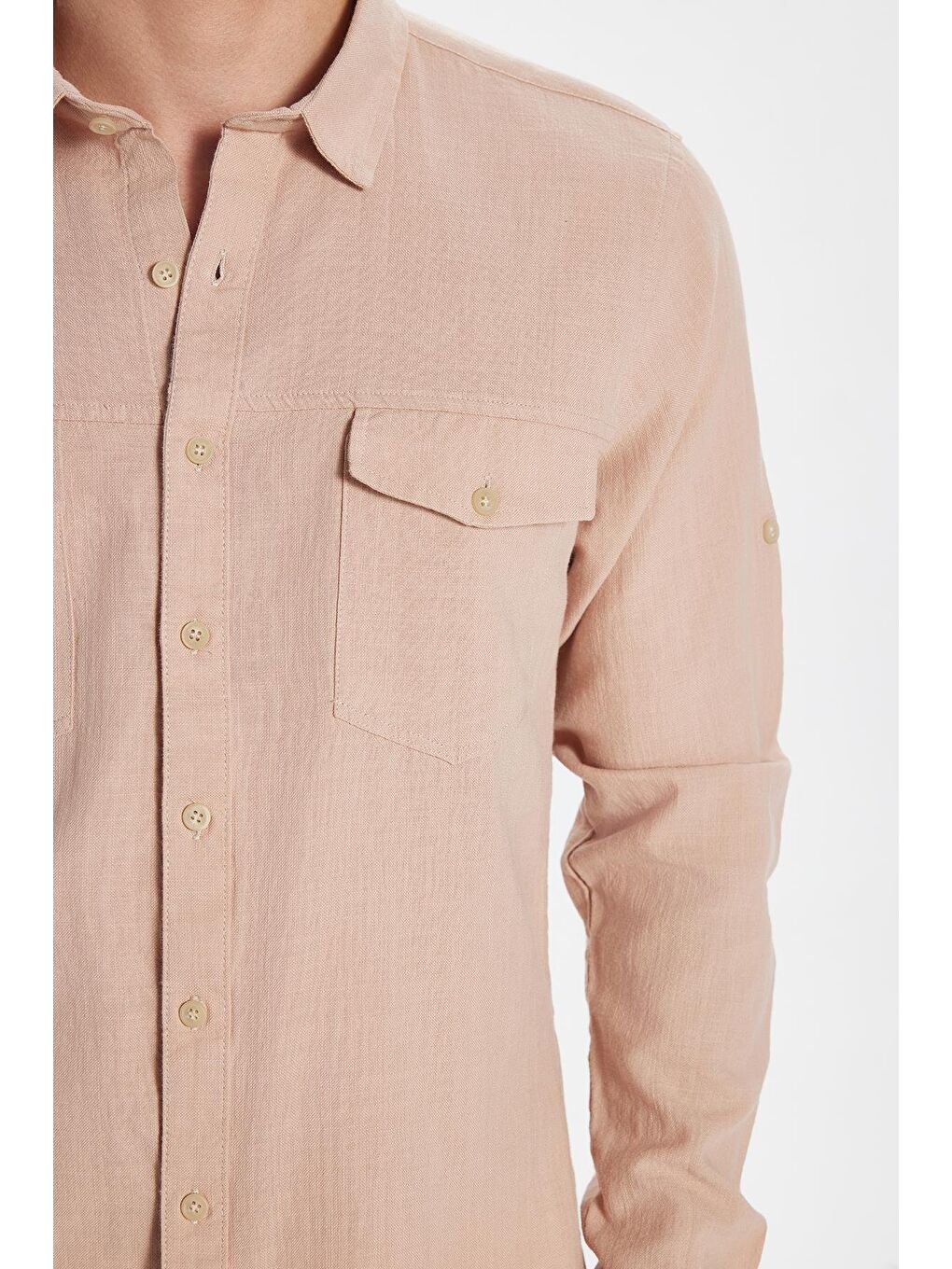 Pembe Erkek Slim Fit Dar Kesim %100 Pamuk Keten Doku Çift Cep Spor Yaka Somon Gömlek-2
