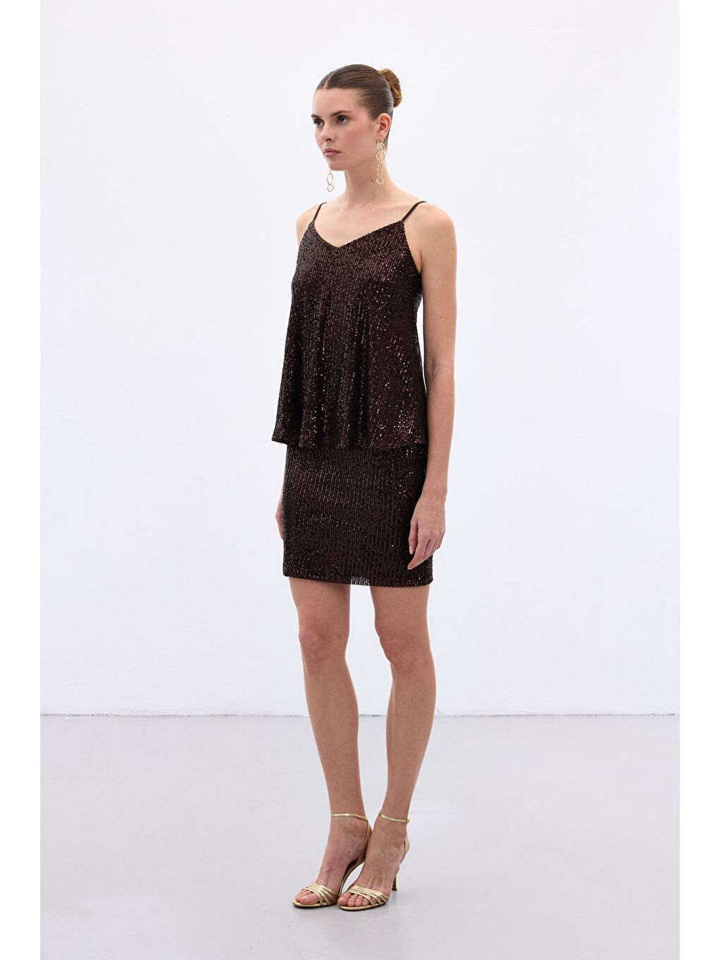 Kahverengi Payetli Mini Etek - Kahve