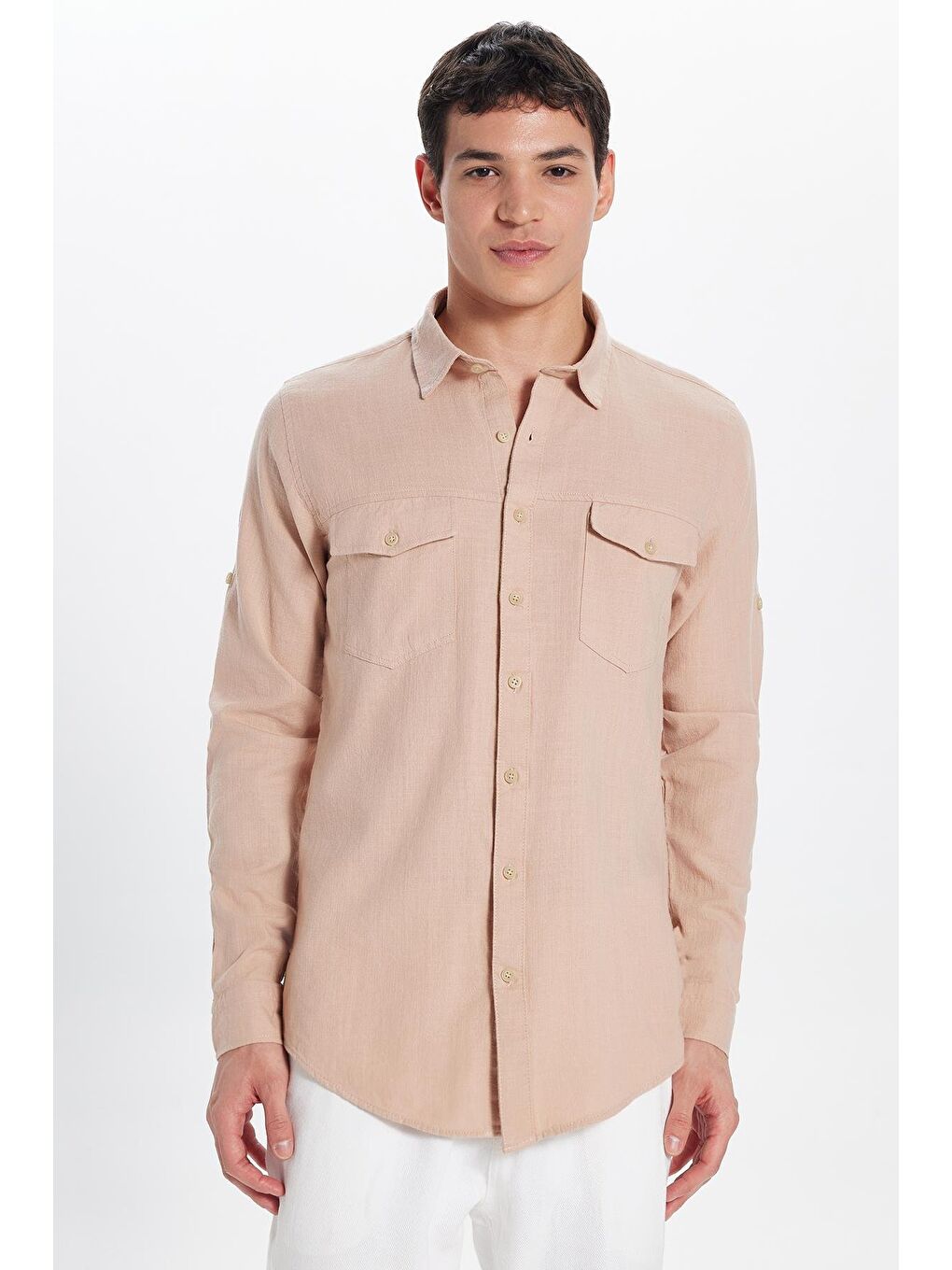 Pembe Erkek Slim Fit Dar Kesim %100 Pamuk Keten Doku Çift Cep Spor Yaka Somon Gömlek-3