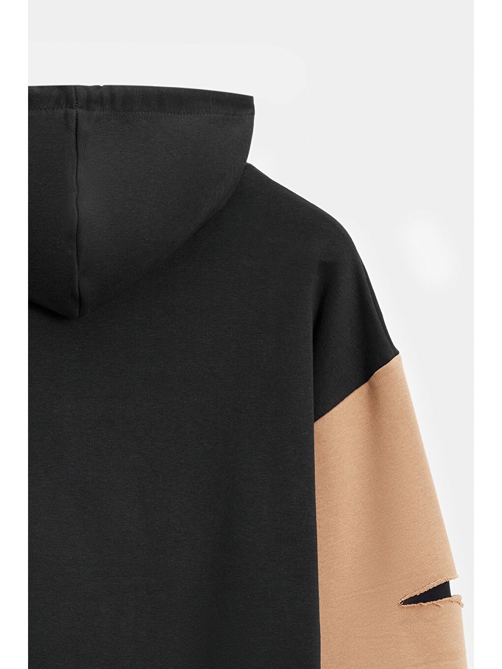 Siyah - Bej Erkek Oversize Kapüşonlu Baskılı Kanguru Cepli Sweatshirt-4