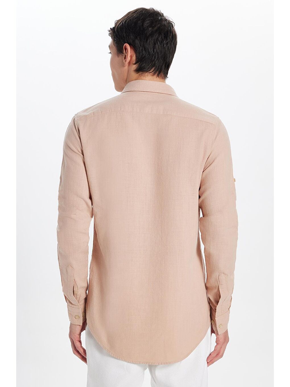 Pembe Erkek Slim Fit Dar Kesim %100 Pamuk Keten Doku Çift Cep Spor Yaka Somon Gömlek-4