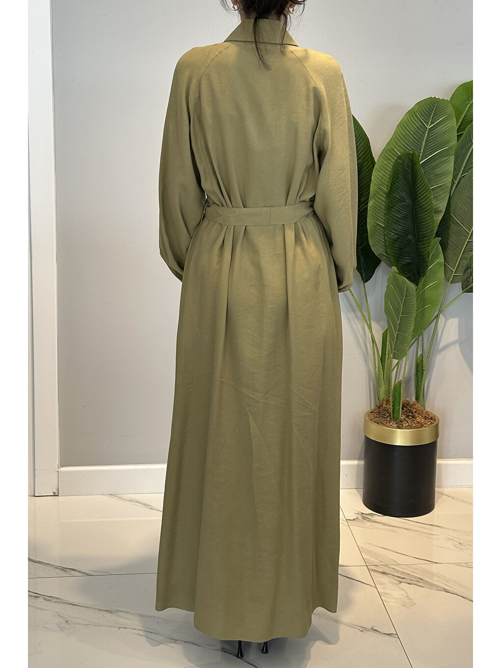 Düğmeli Modal Elbise 13249 Yeşil-3