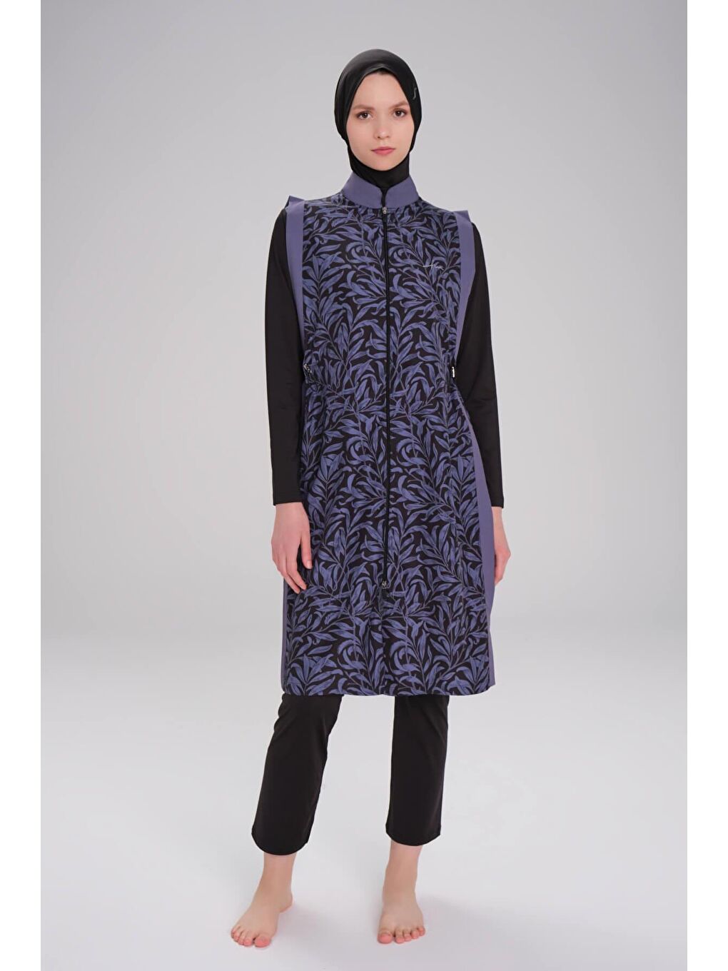 Şerit Detaylı Jileli Siyah 5 Parça Tam Tesettür Mayo Takımı 3096-3