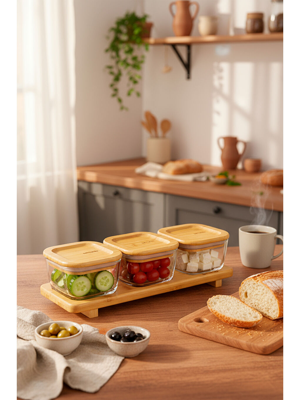 Kahverengi Lunaya 3'lü Bambu Standlı Kahvaltılık Küçük-5