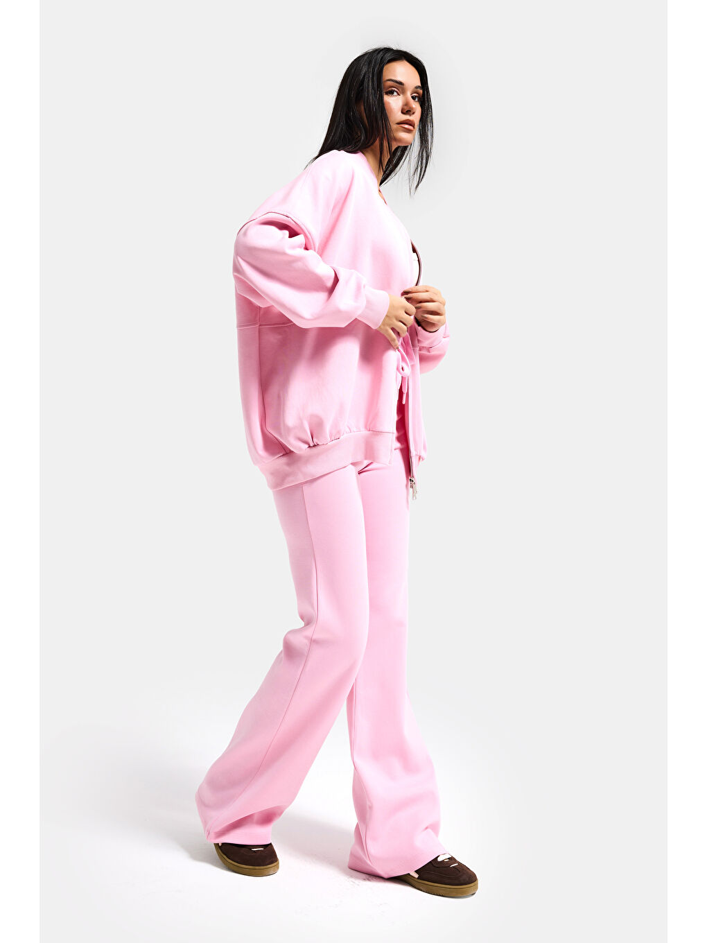 Kadın Pembe s6-98 Alt Üst Sweatshirt Polar Yürüyüş Pantolonu 2'li Tasarım Takım