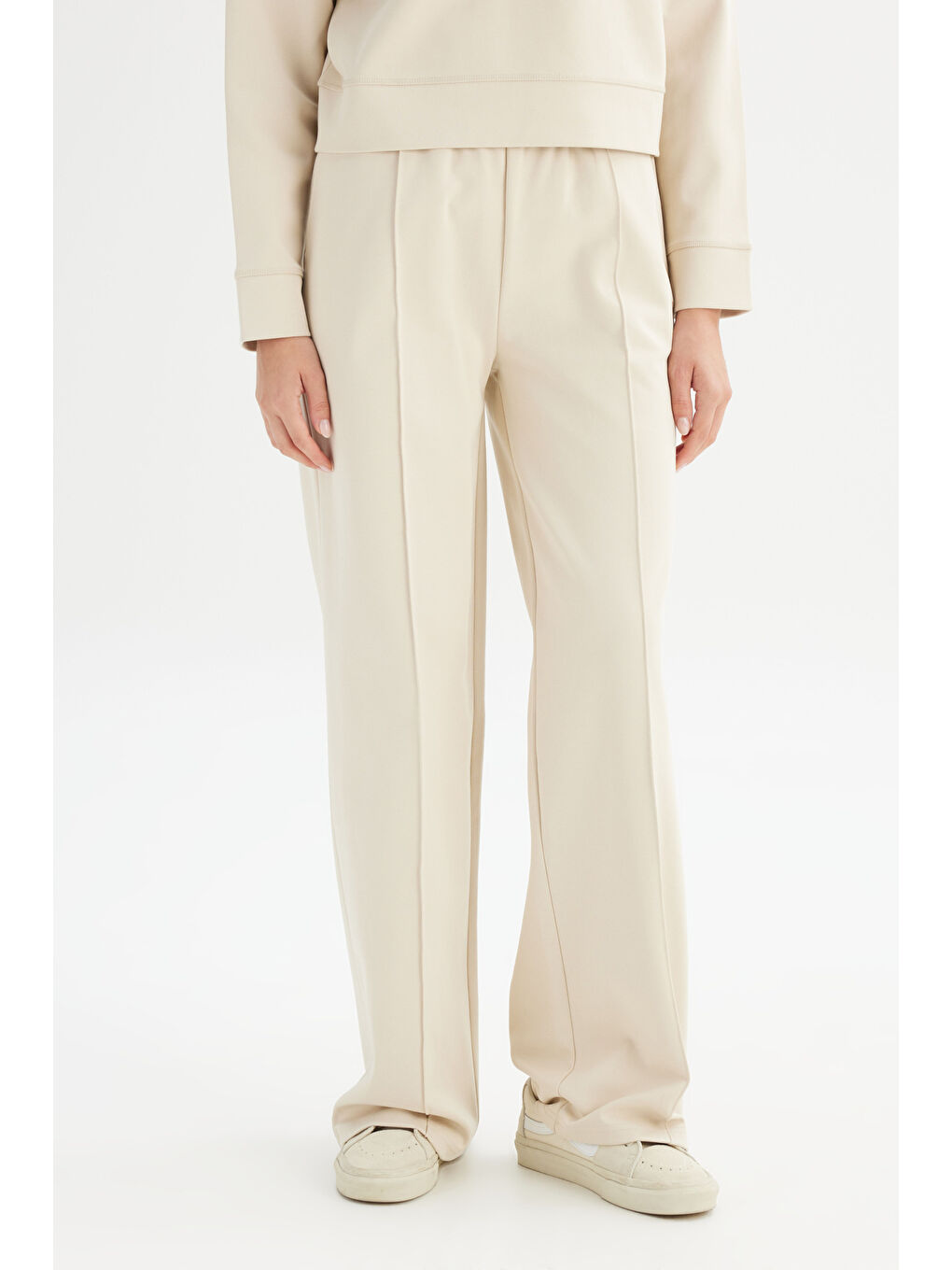 Loose Fit Geniş Paça Bej Pamuklu Esnek Sweatpant-1