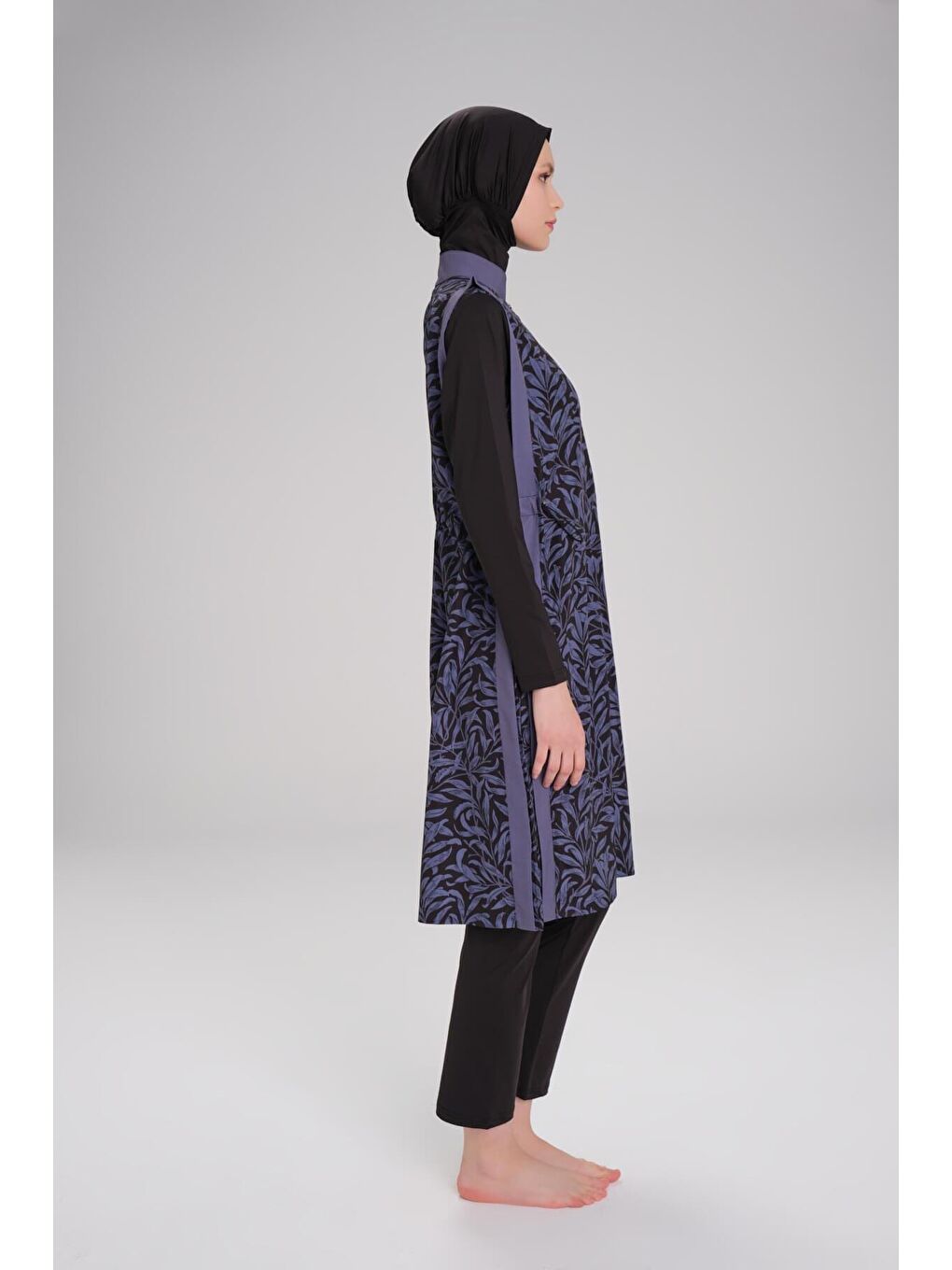 Şerit Detaylı Jileli Siyah 5 Parça Tam Tesettür Mayo Takımı 3096-5