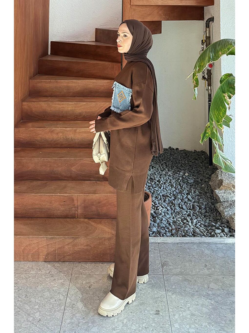 Cep Detaylı Triko Takım Acı Kahverengi-1