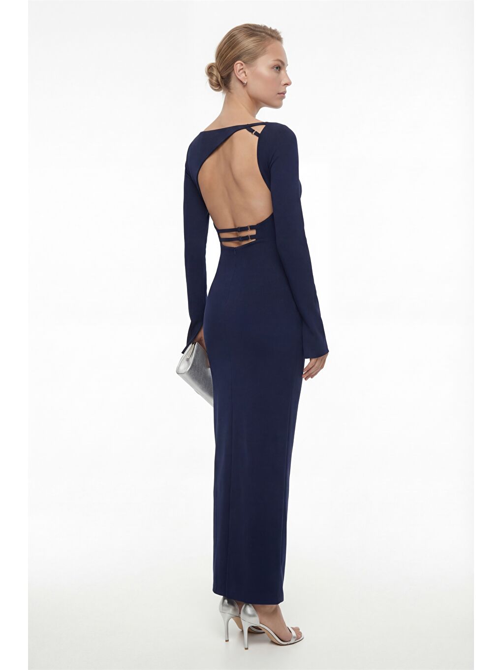 Kadın Lacivert Sırt Detaylı Maxi Abiye Elbise-2