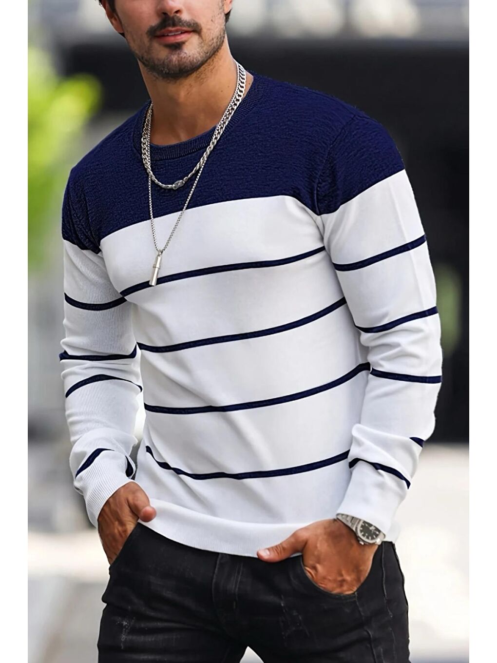 Lacivert Santi Slim Fit Çizgili Bisiklet Yaka Erkek Triko Kazak