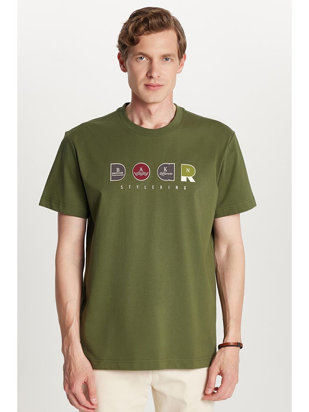 Relax Fit Rahat Kesim Pamuklu Ön Baskı Detaylı Bisiklet Yaka Haki Erkek Tişört