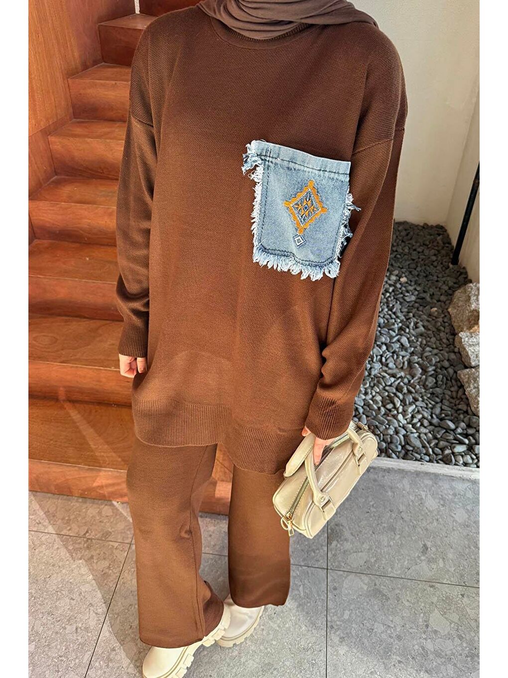 Cep Detaylı Triko Takım Acı Kahverengi-2
