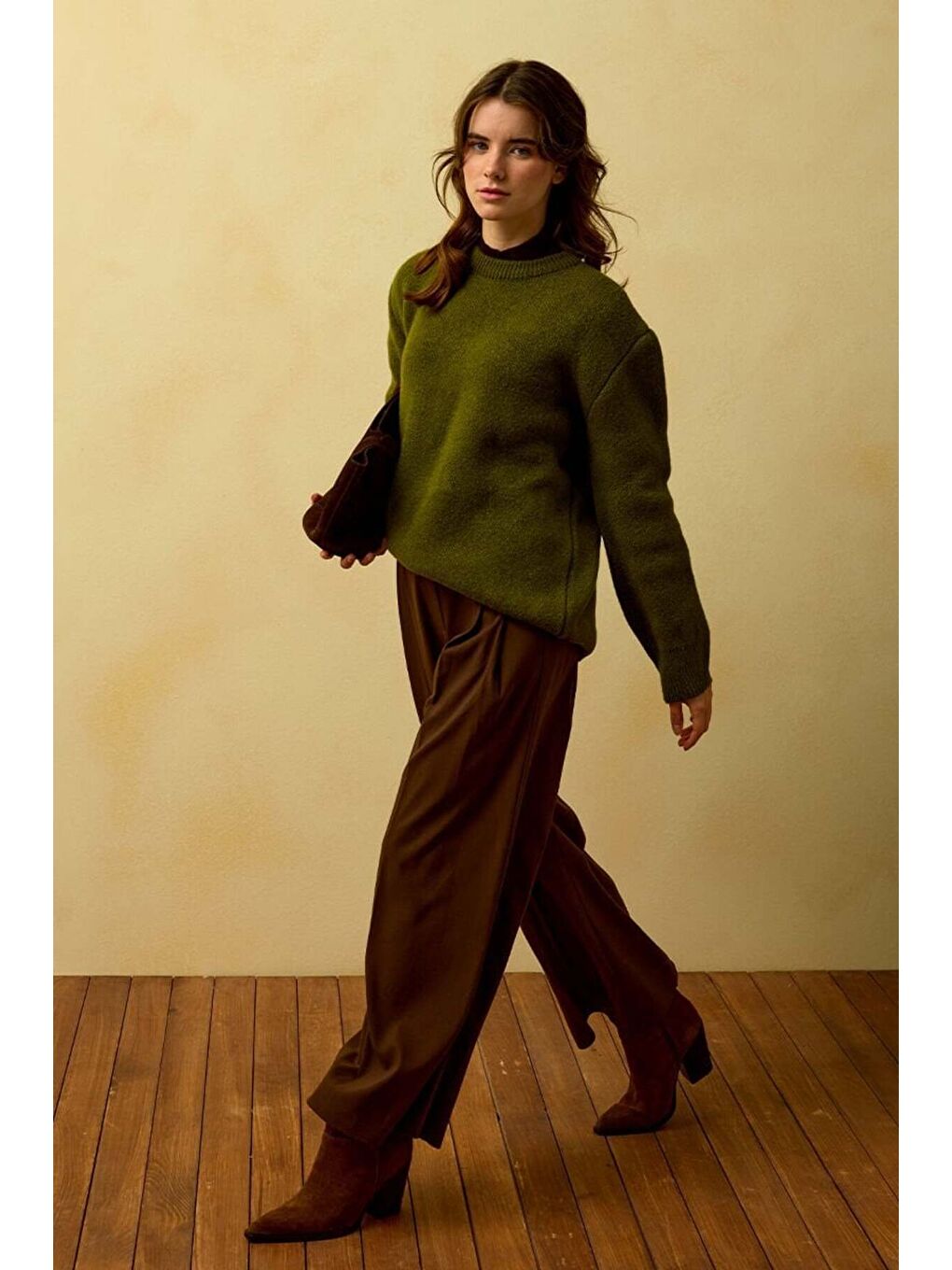 Kahverengi Acı Kahve Pile Detay Palazzo Pantolon-1