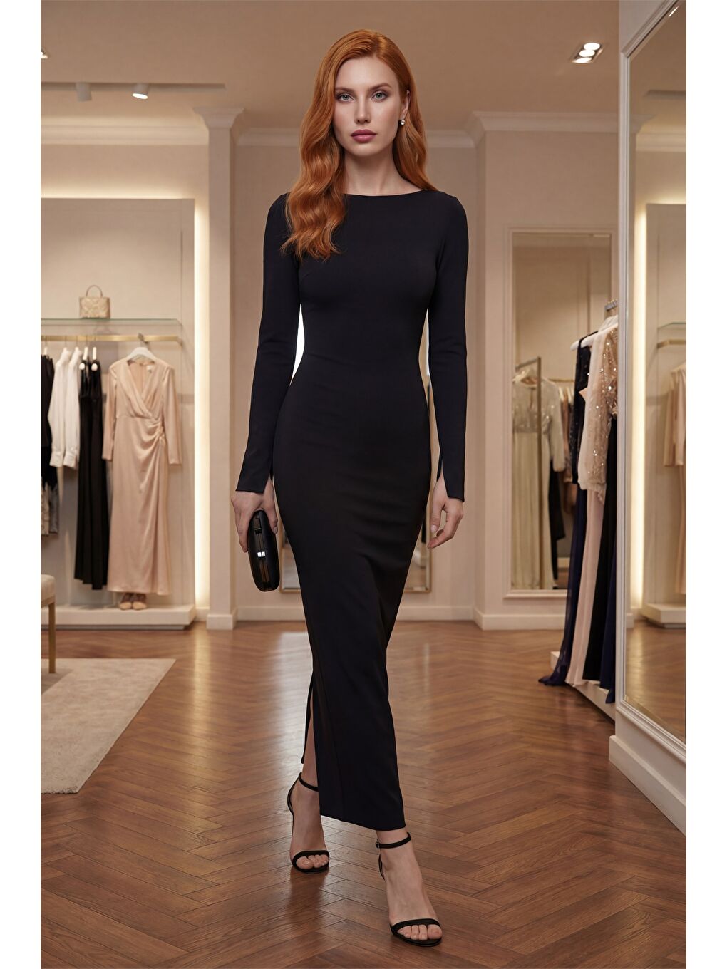 Kadın Siyah Sırt Detaylı Maxi Abiye Elbise-1