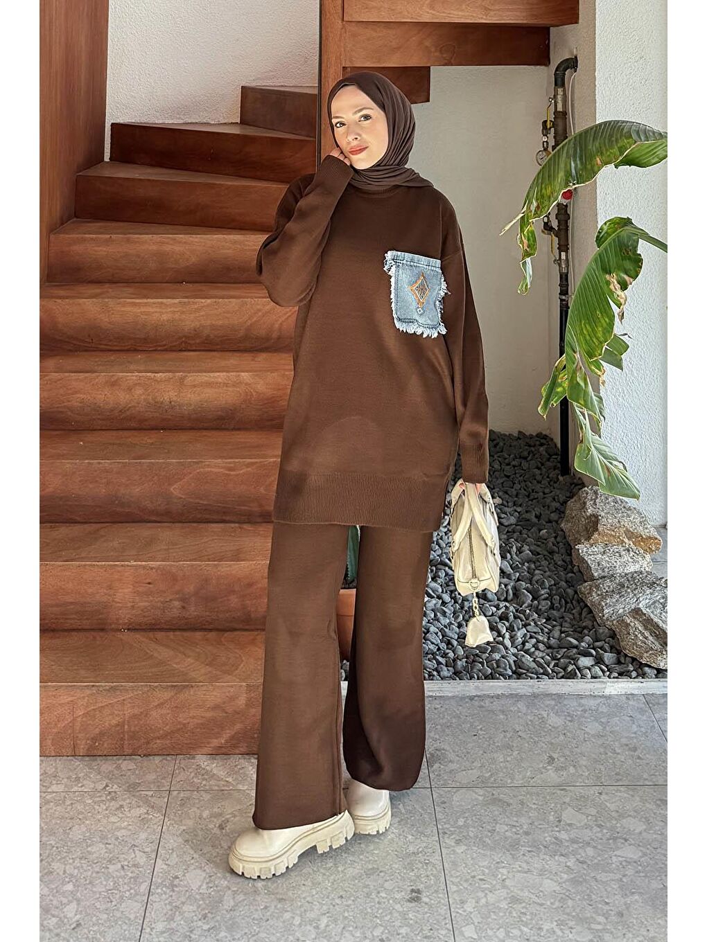 Cep Detaylı Triko Takım Acı Kahverengi-3