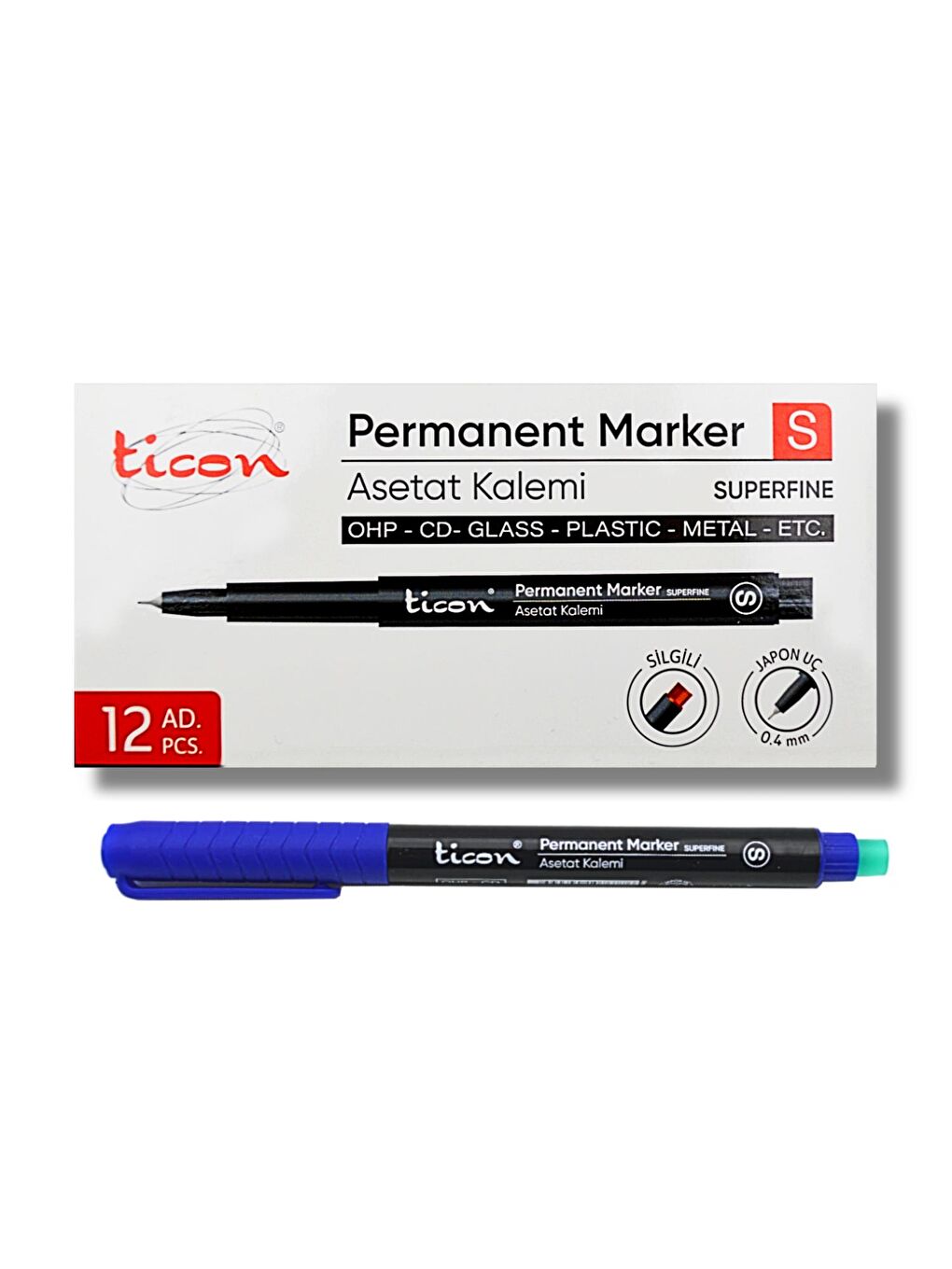 Ticon Permanent Asetat Kalemi S Silgili MAVİ 12 Adet