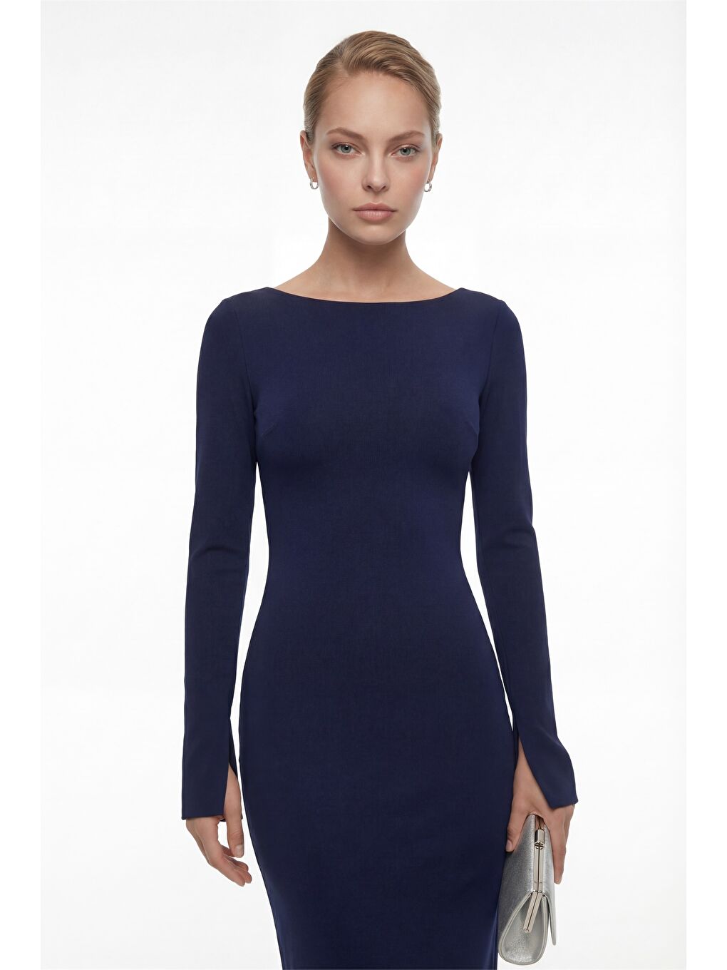 Kadın Lacivert Sırt Detaylı Maxi Abiye Elbise-3