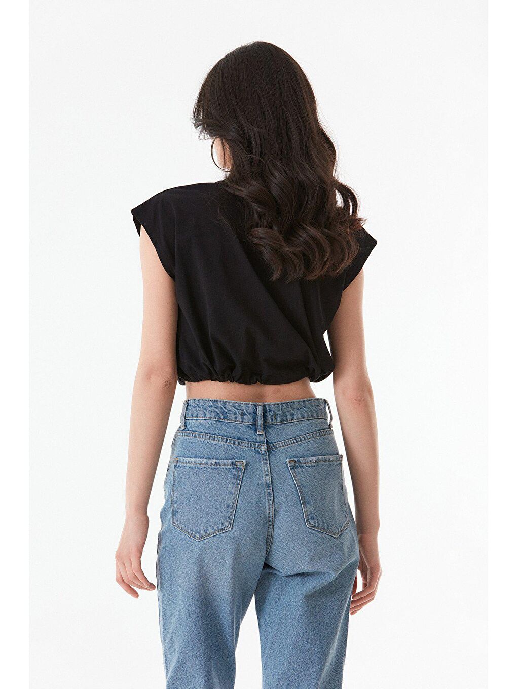 Siyah Basic Bisiklet Yaka Stoperli Crop Tişört-3
