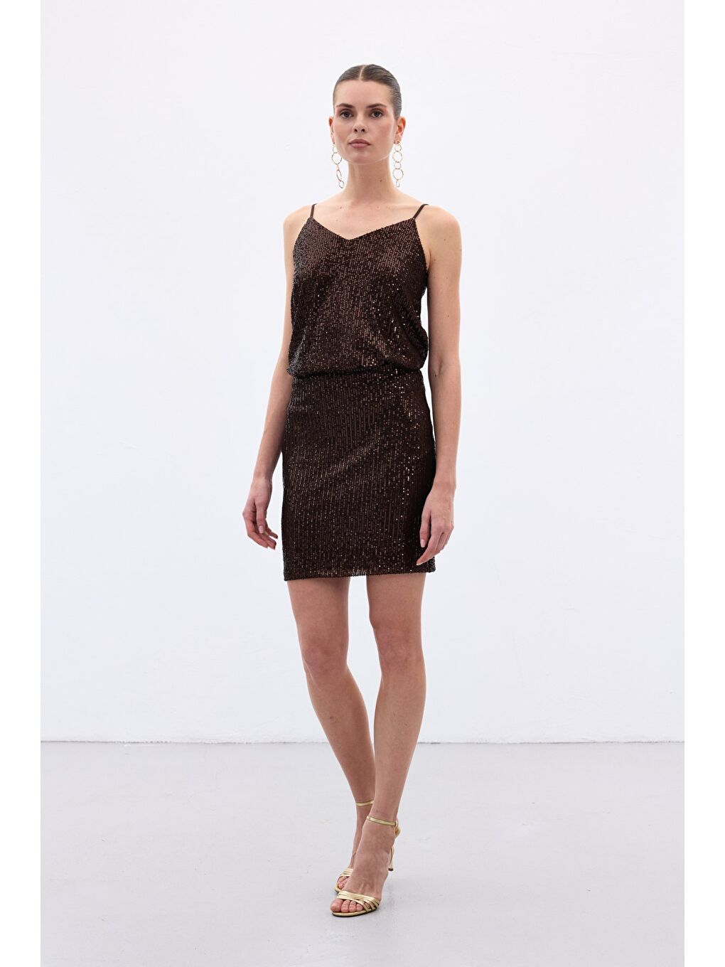 Kahverengi Payetli Mini Etek - Kahve-4