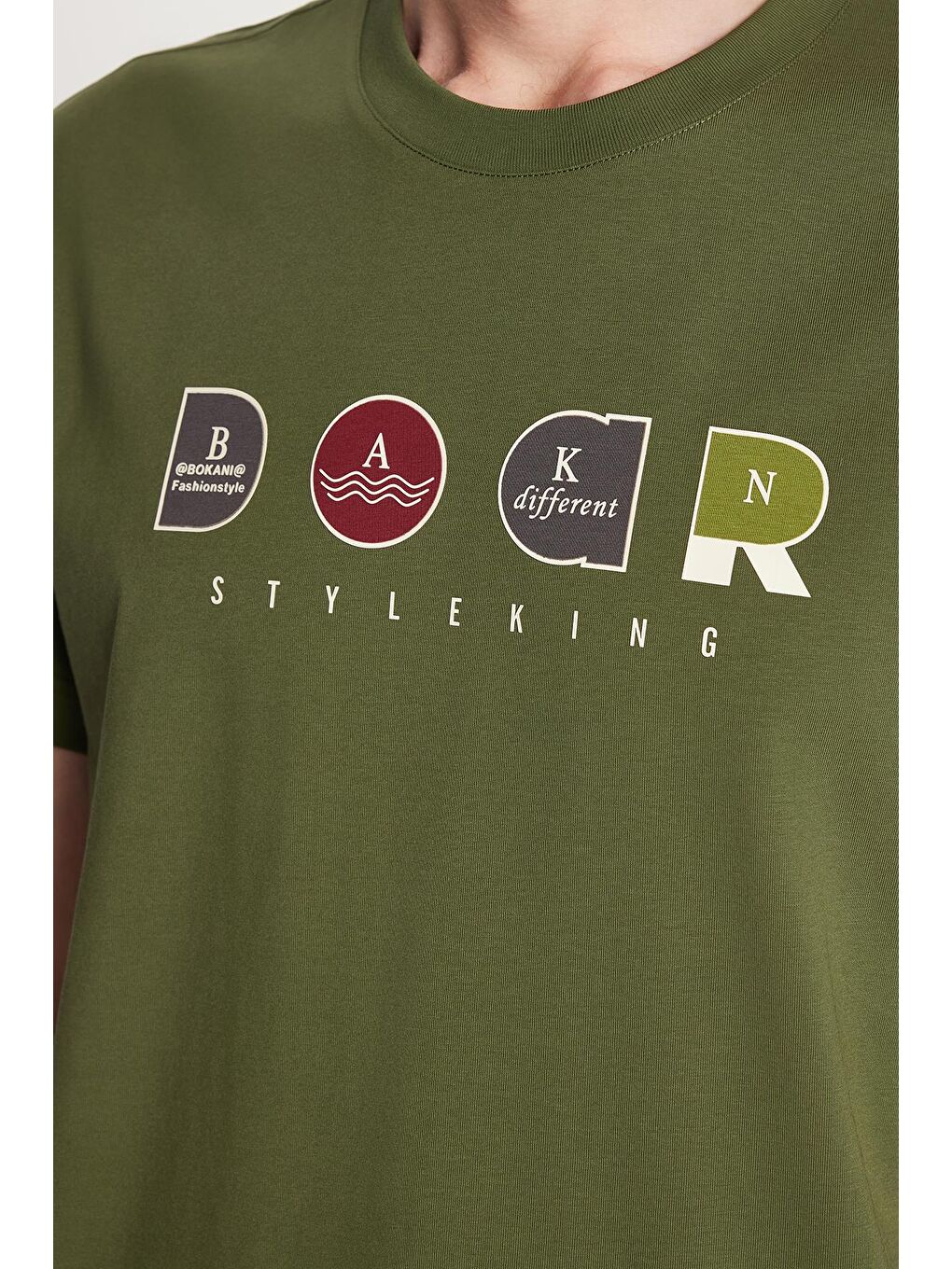 Relax Fit Rahat Kesim Pamuklu Ön Baskı Detaylı Bisiklet Yaka Haki Erkek Tişört-3