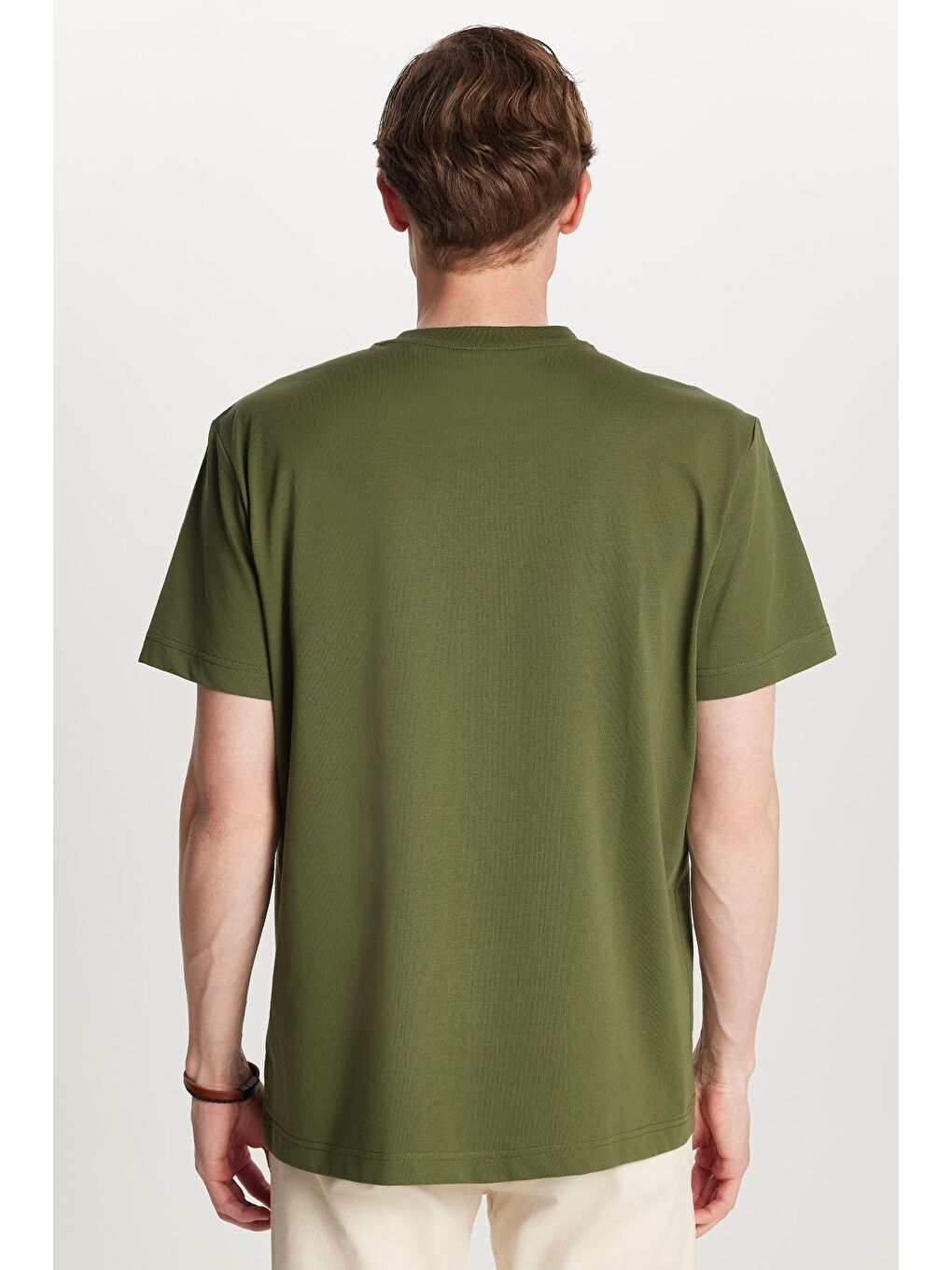 Relax Fit Rahat Kesim Pamuklu Ön Baskı Detaylı Bisiklet Yaka Haki Erkek Tişört-4