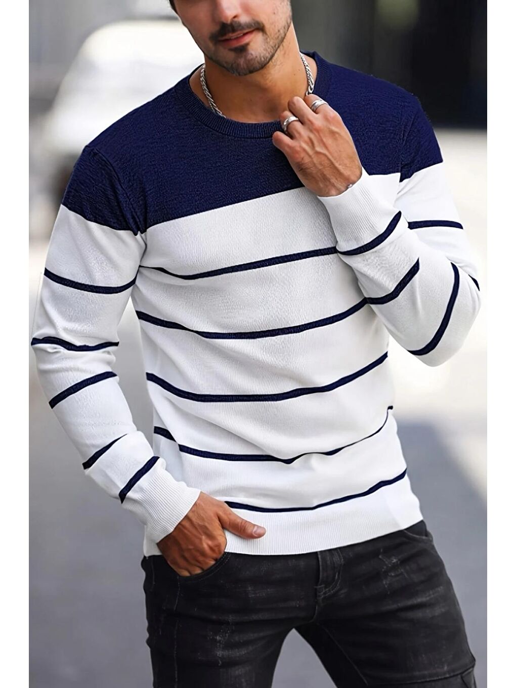 Lacivert Santi Slim Fit Çizgili Bisiklet Yaka Erkek Triko Kazak-2