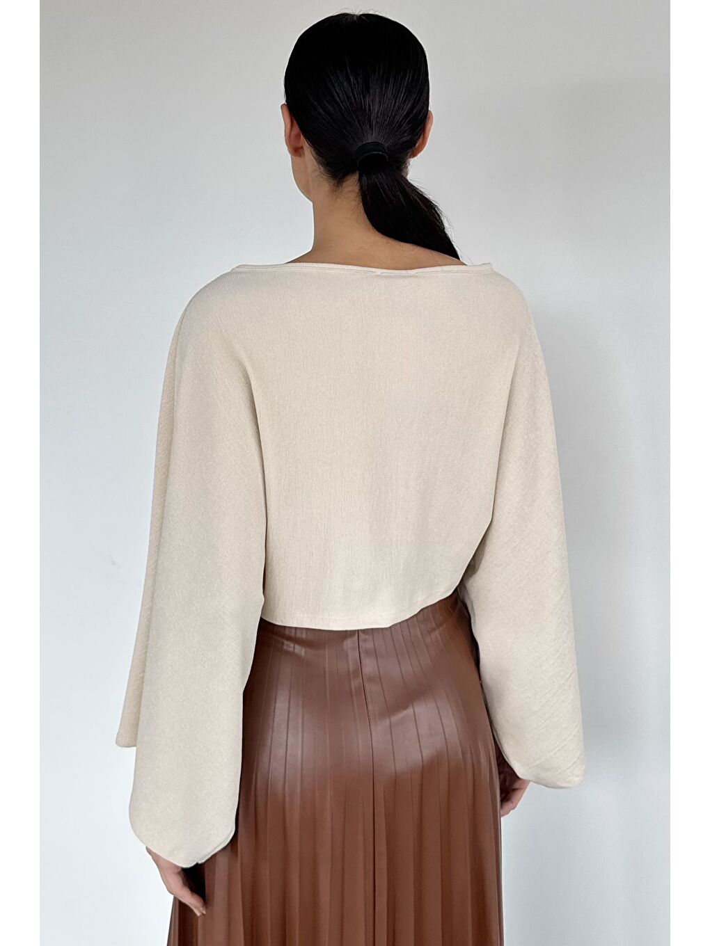 Bej Kadın Yarasa Kol Salaş Bluz-3