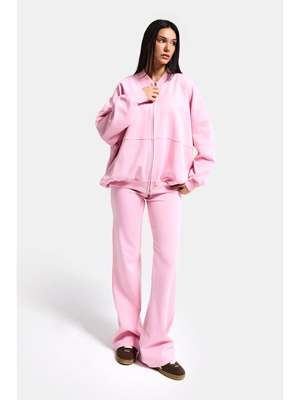 Kadın Pembe s6-98 Alt Üst Sweatshirt Polar Yürüyüş Pantolonu 2'li Tasarım Takım-2