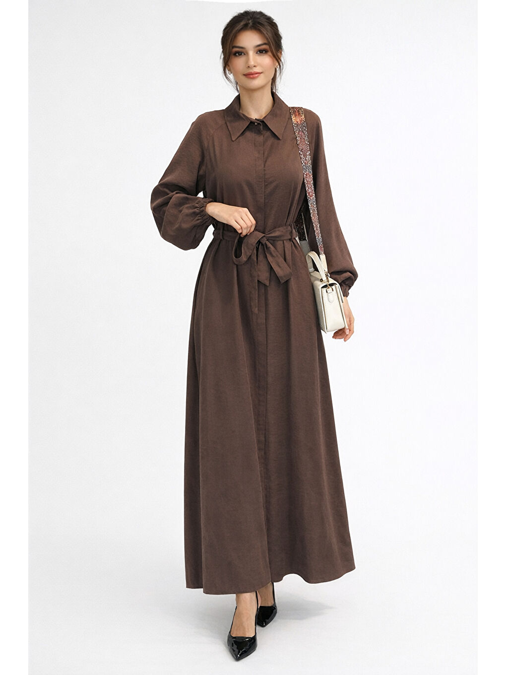 Düğmeli Modal Elbise 13249 Kahverengi