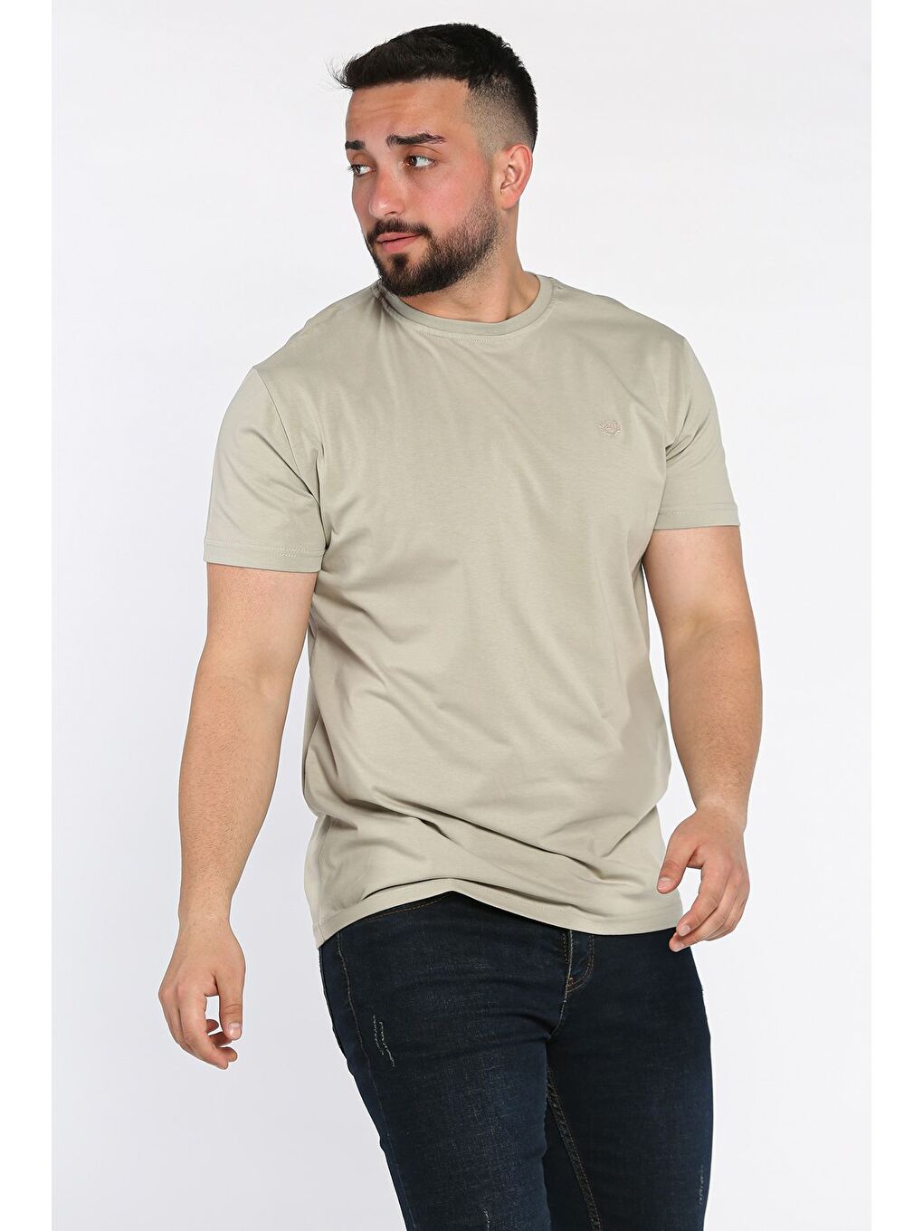 Gri Bisiklet Yaka Nakışlı Erkek Tişört-1