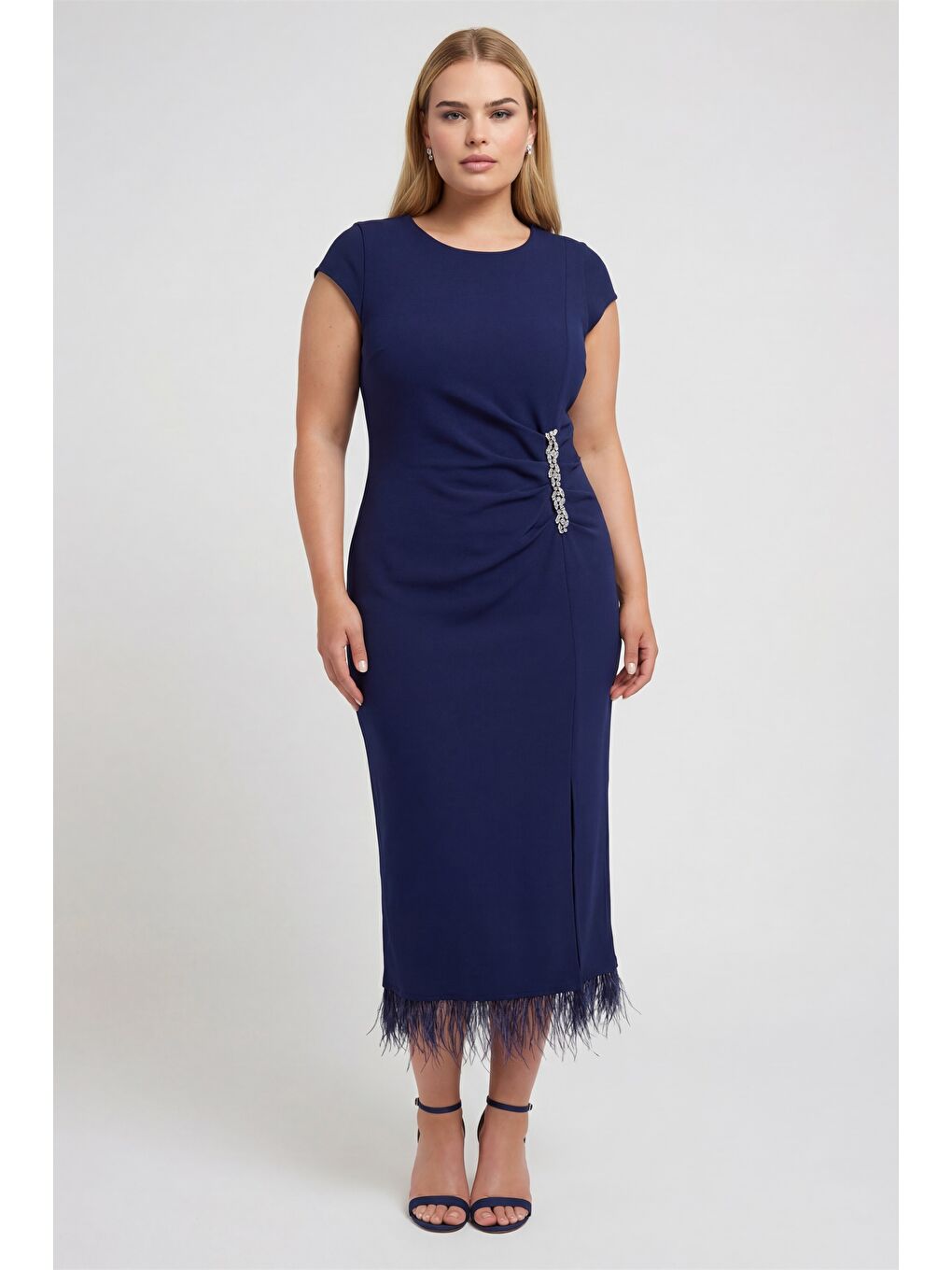 Kadın Lacivert Büyük Beden Otrişli Örme Midi Abiye Elbise