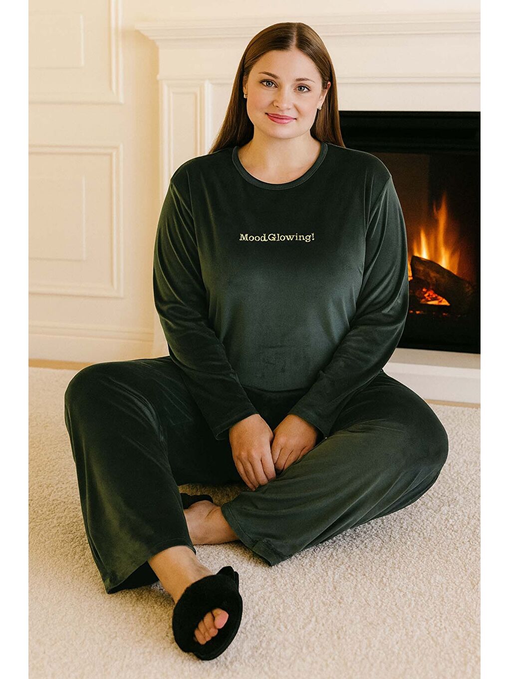 Yeşil Büyük Beden Kadın Kadife Kumaş Pijama Takımı 13213 Mint-2