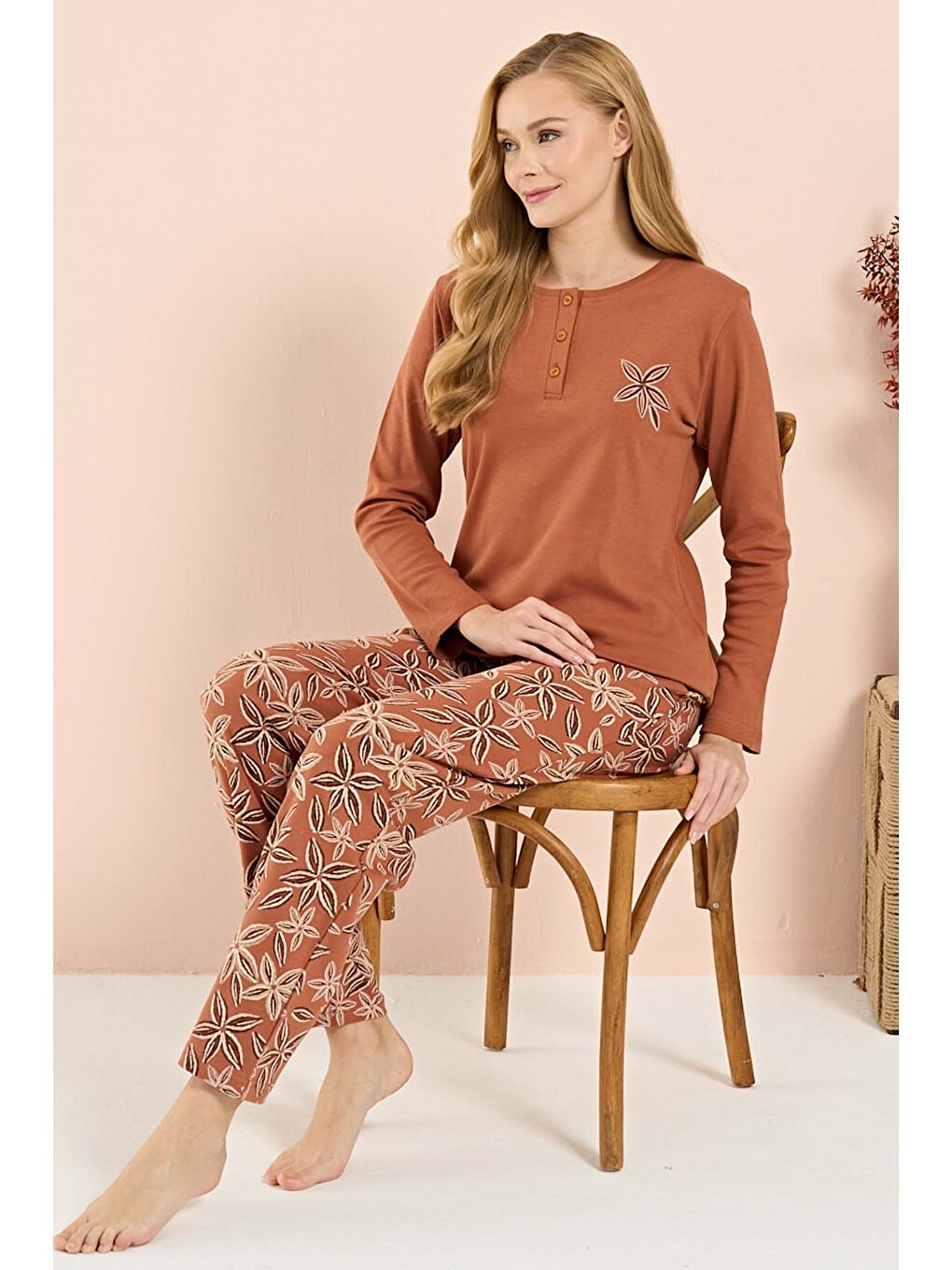 Kahverengi Kadın Penye Uzun Kol Pijama Takımı 3216 Kiremit-1
