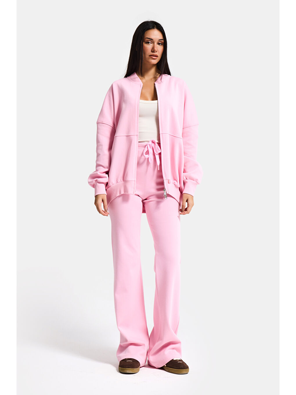 Kadın Pembe s6-98 Alt Üst Sweatshirt Polar Yürüyüş Pantolonu 2'li Tasarım Takım-3