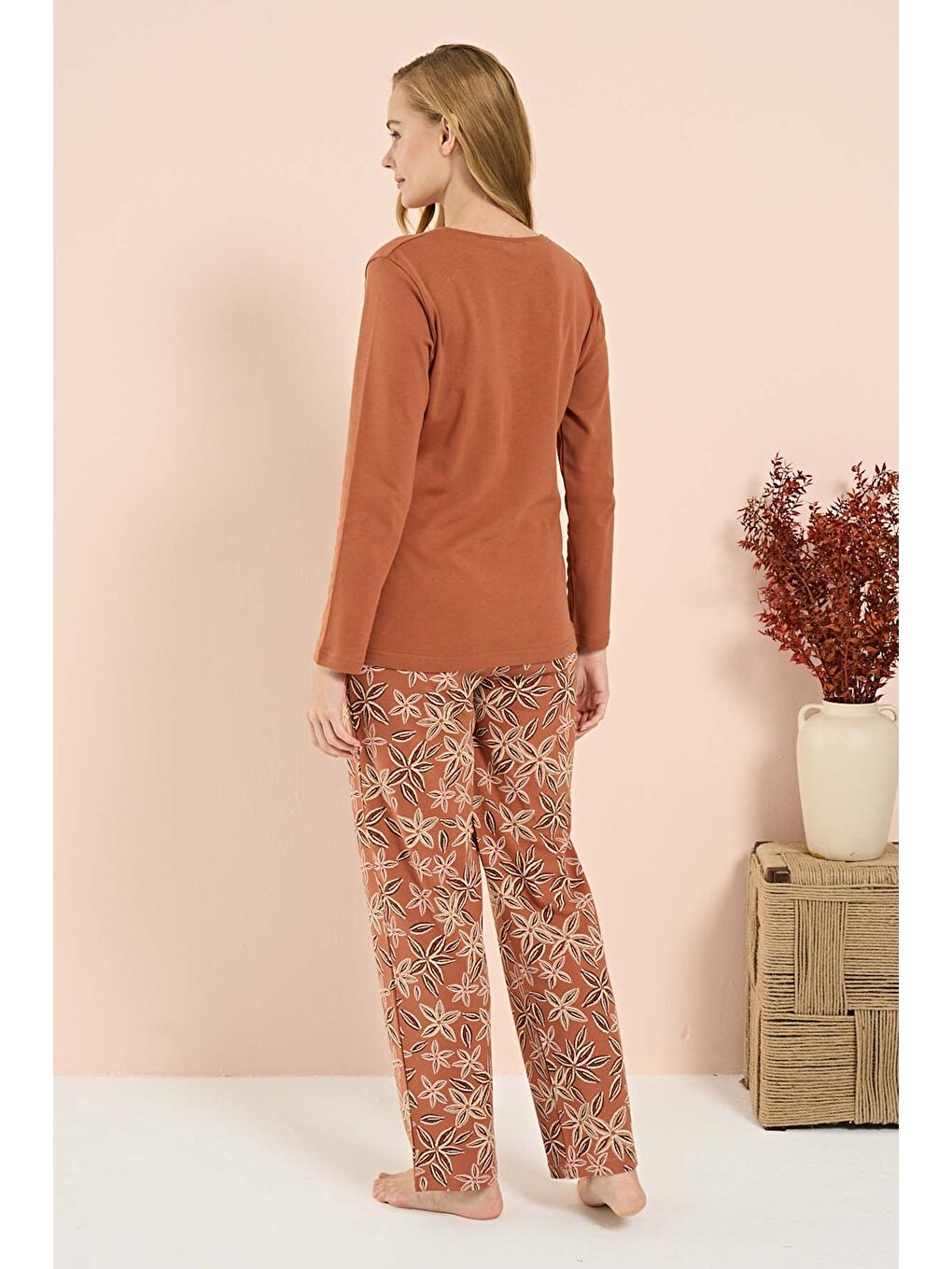 Kahverengi Kadın Penye Uzun Kol Pijama Takımı 3216 Kiremit-2
