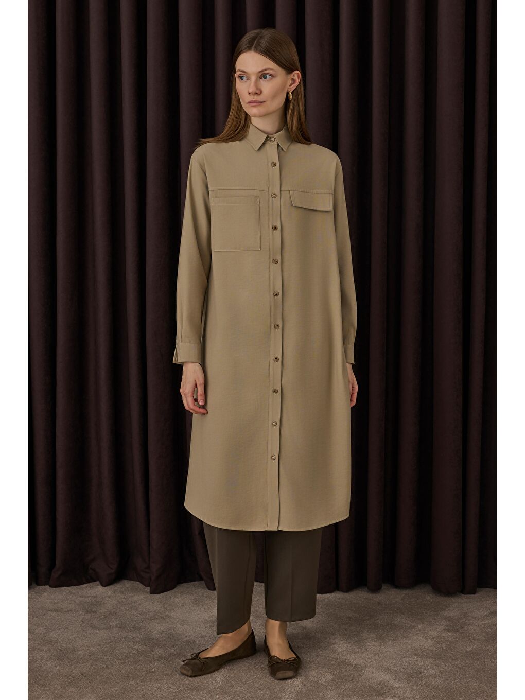 Bej Cep Detaylı Uzun Gömlek Mat Vizon