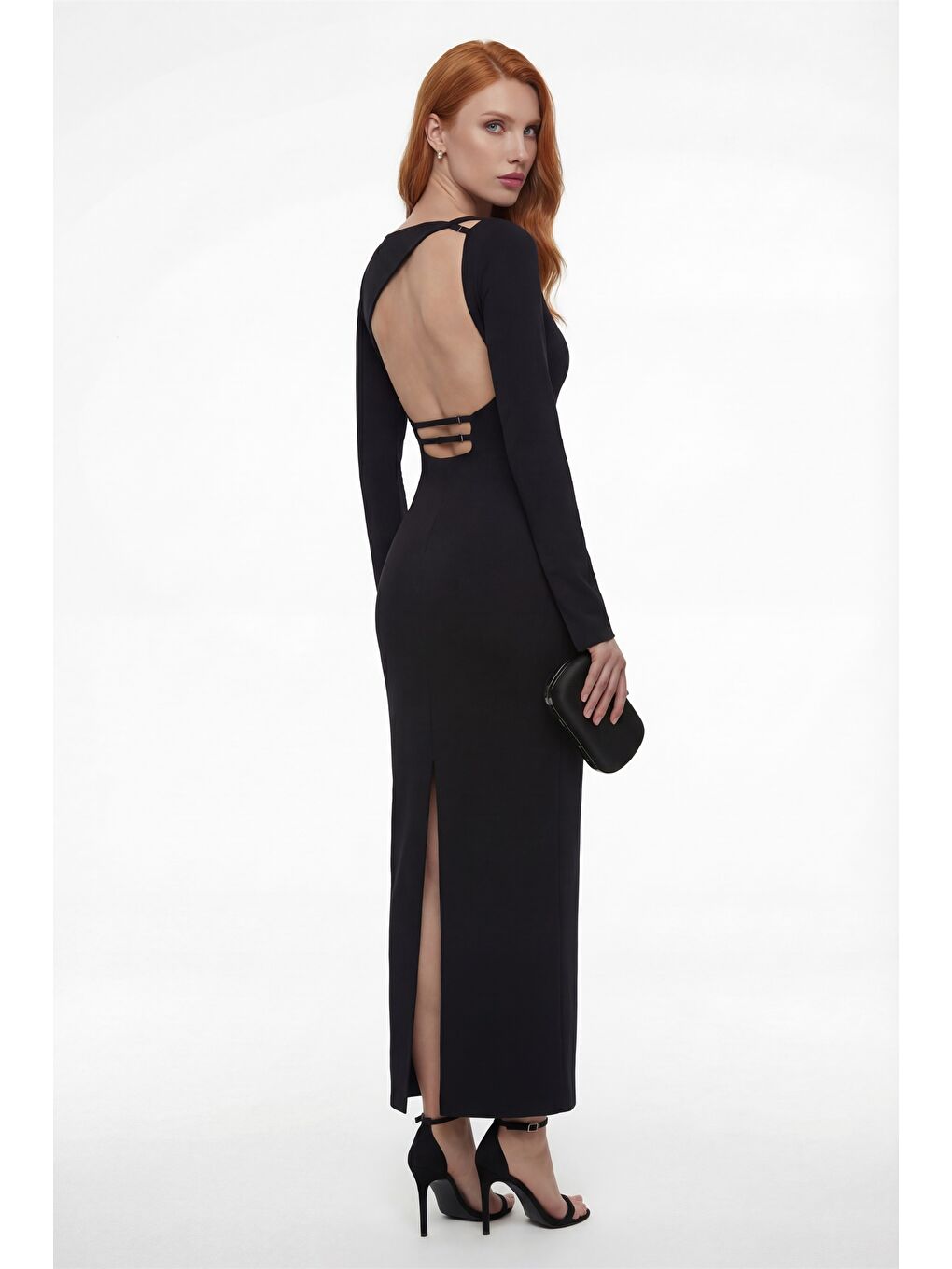 Kadın Siyah Sırt Detaylı Maxi Abiye Elbise-4