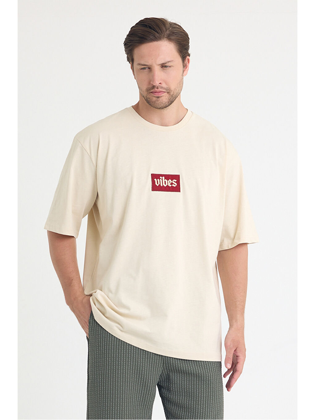 Ekru Erkek Relaxed 003 Oversize Krem T-Shirt