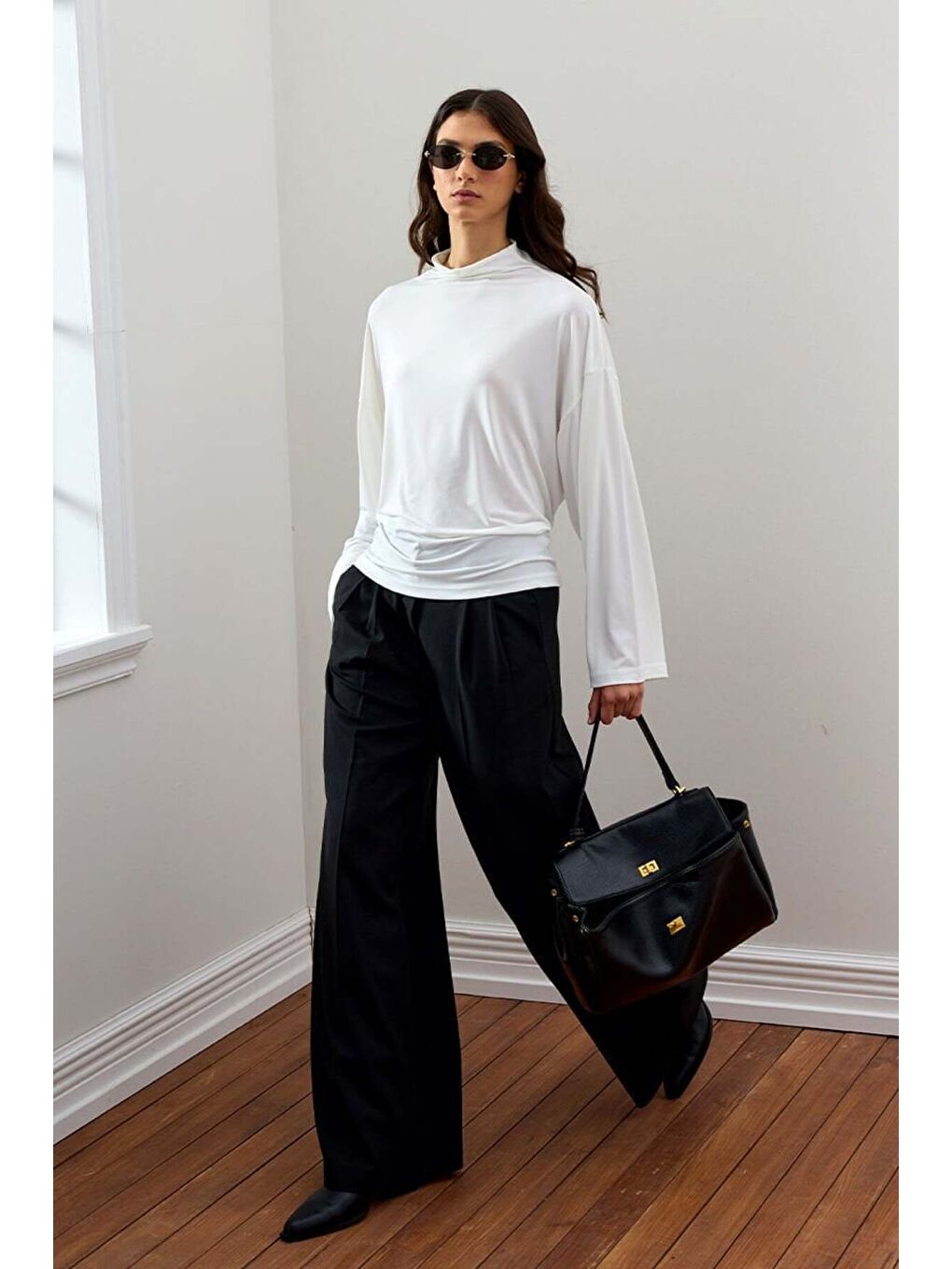 Siyah Pile Detay Palazzo Pantolon-2