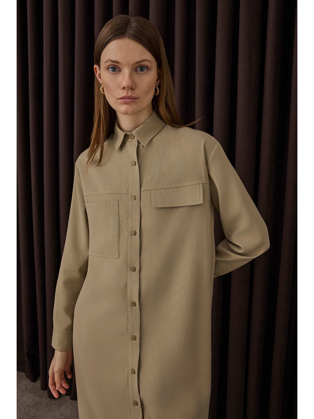 Bej Cep Detaylı Uzun Gömlek Mat Vizon-1