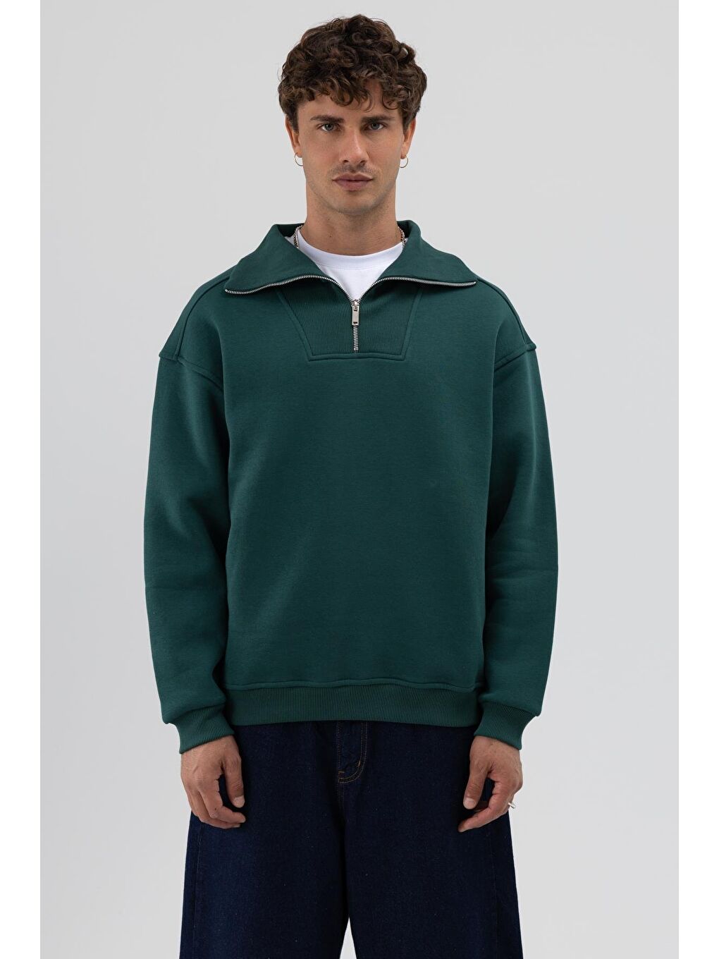 Yeşil Basic Fermuarlı Dik Yaka Sweatshirt Nefti