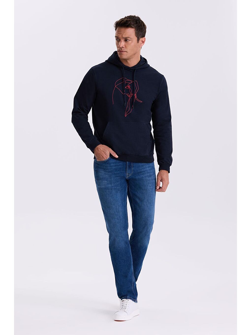 Lacivert Slim Fit Kapüşonlu Baskılı %100 Pamuk Sweatshirt-1