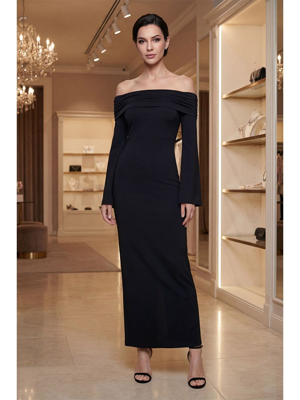 Kadın Siyah Carmen Yaka Gece Abiye Elbise-2