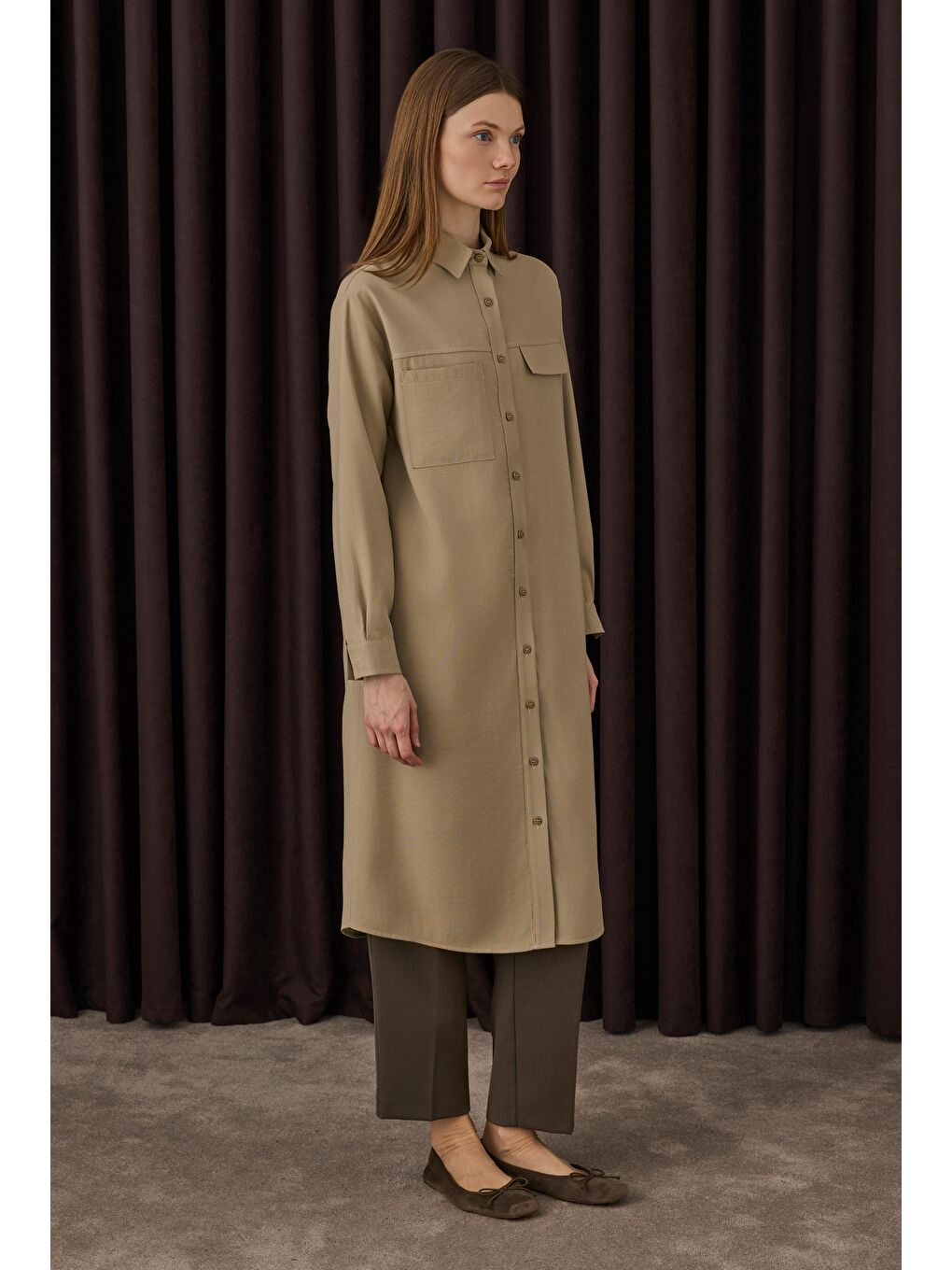 Bej Cep Detaylı Uzun Gömlek Mat Vizon-2