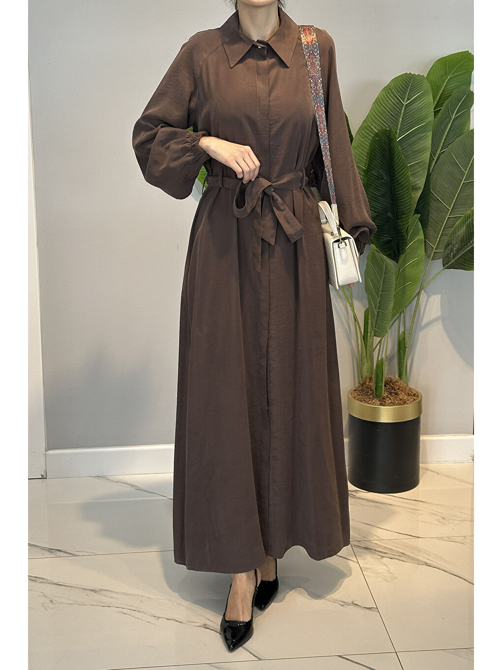 Düğmeli Modal Elbise 13249 Kahverengi-1